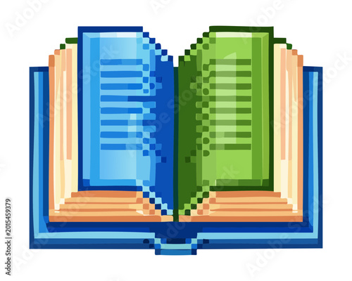 Foto Open green book pixel art for library education themes and quest log inventory i