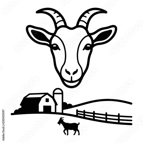 Konstfotografi Goat countryside farm landscape with fence and barn