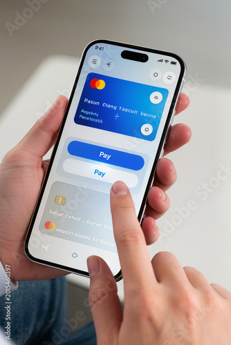 Mobile payment with wallet app and wireless nfc technology. Man paying and shopping with smartphone application and credit card information. Digital money transfer, banking and e commerce concept