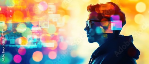 Silhouette of person with glasses and digital bokeh