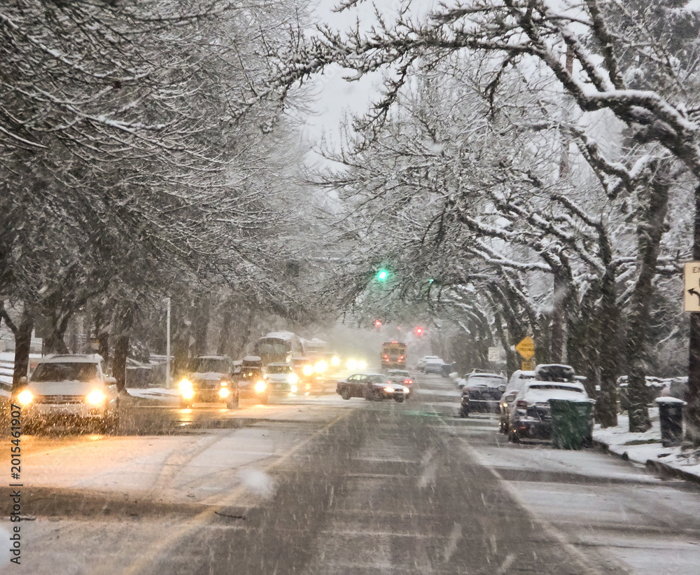 Obraz premium Snowy Residential Street During Winter Storm in Seattle Washington