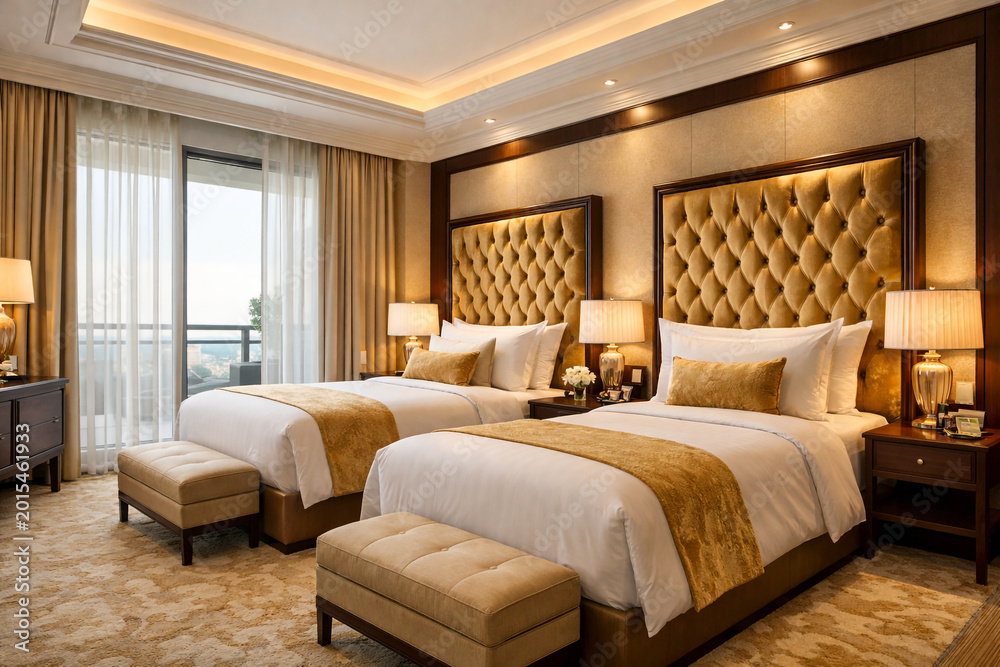 Fototapeta premium Luxury Modern Hotel Bedroom Interior with Twin Beds and Elegant Golden Design Decor