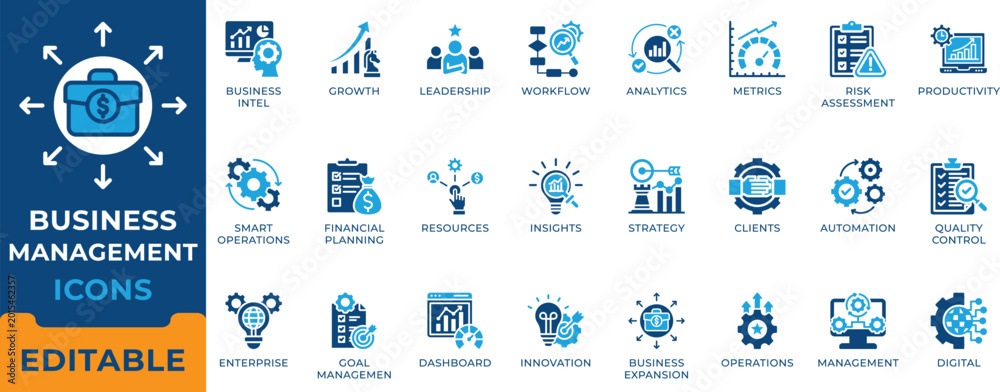 Naklejka premium Business management and operations icon set. Growth strategy, financial planning, workflow automation, risk assessment, leadership and corporate analytics vector symbols.