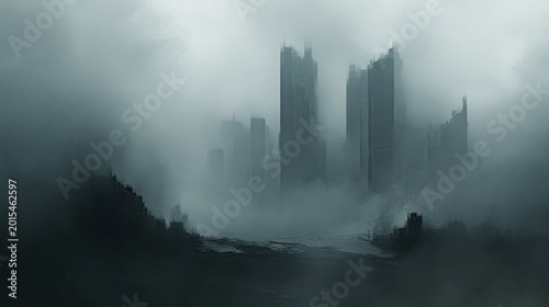 Misty cityscape with dark skyscrapers
