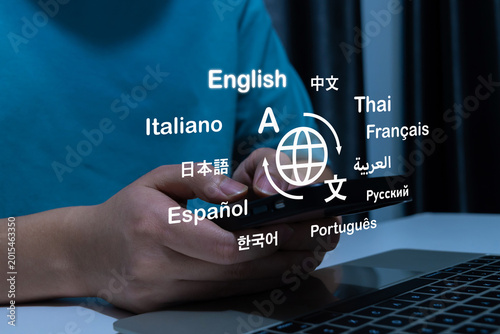 AI language translation apps. people using mobile phone with virtual translation application software, e-learning online service, language education course, global communication technology concept