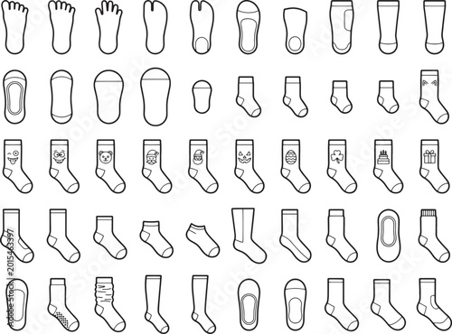 A vast collection of stylized sock and foot outlines, featuring variety of shapes and styles in a simple line art.