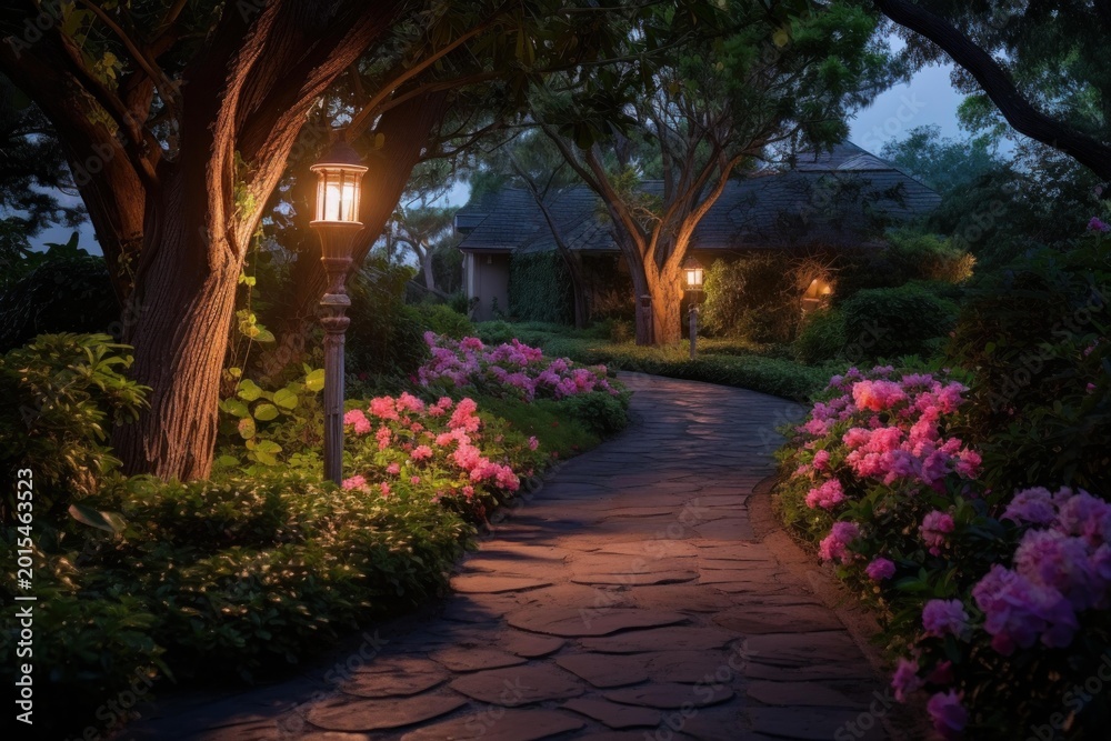Obraz premium Stone pathway illuminated by lanterns, leading through pink blooms and lush foliage at dusk