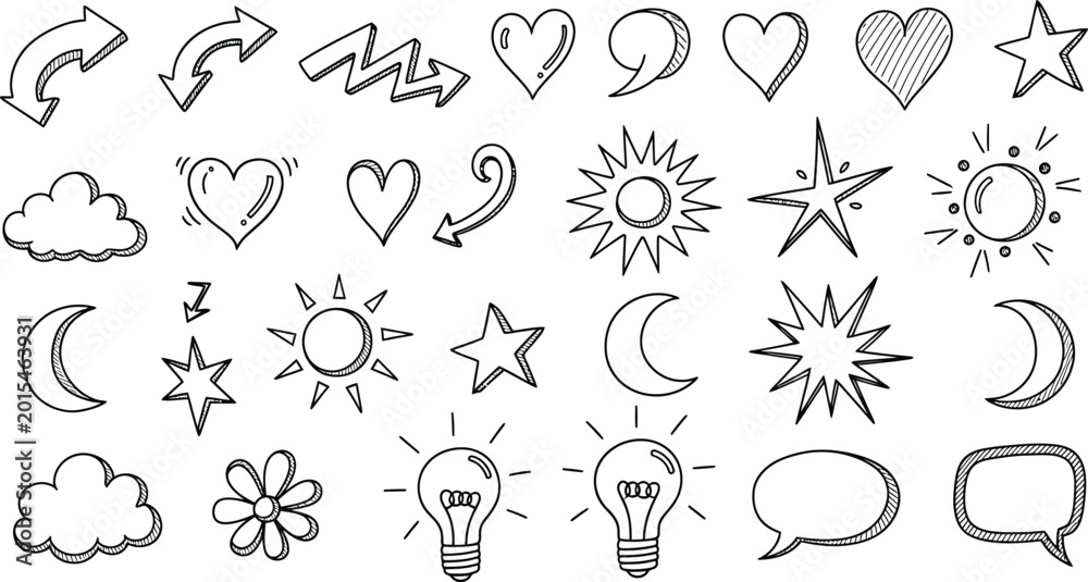 Obraz premium Doodle icon set hearts stars clouds sun moon and speech bubbles silhouette isolated on transparent background