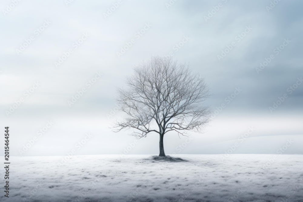 Fototapeta premium Solitary leafless tree sitting in a frozen, minimalist, tranquil winter field