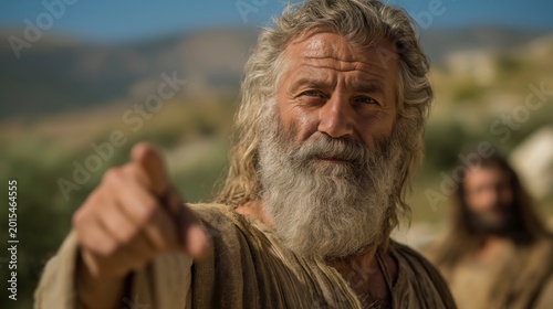 Across the Jordan valley, Moses points toward distant Canaanite high places as Israel watches with caution beneath bright daylight and solemn warning.
