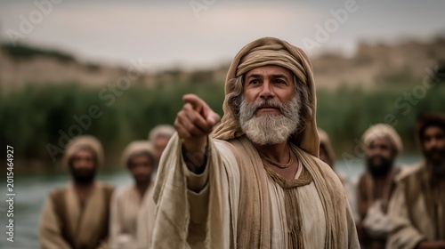 Near the Jordan River, Moses points toward the future place of worship as Levites and tribal elders listen beneath soft afternoon light filled with anticipation.
