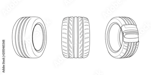 Obraz na plátně Tire line art, set of three car tire vector line art sketches from multiple perspectives, including a cross-section view