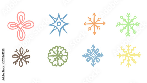 Obraz na plátně Eight various whimsical hand-drawn snowflake vector designs in pastel colors on a white background, transparent, perfect for winter, holiday, or Christmas concepts