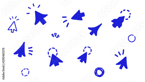 Blue Hand-Drawn Cursors Collection on White Background: Mouse Pointer Icon Set, Click Elements, Computer Symbol Illustration (Transparent PNG)