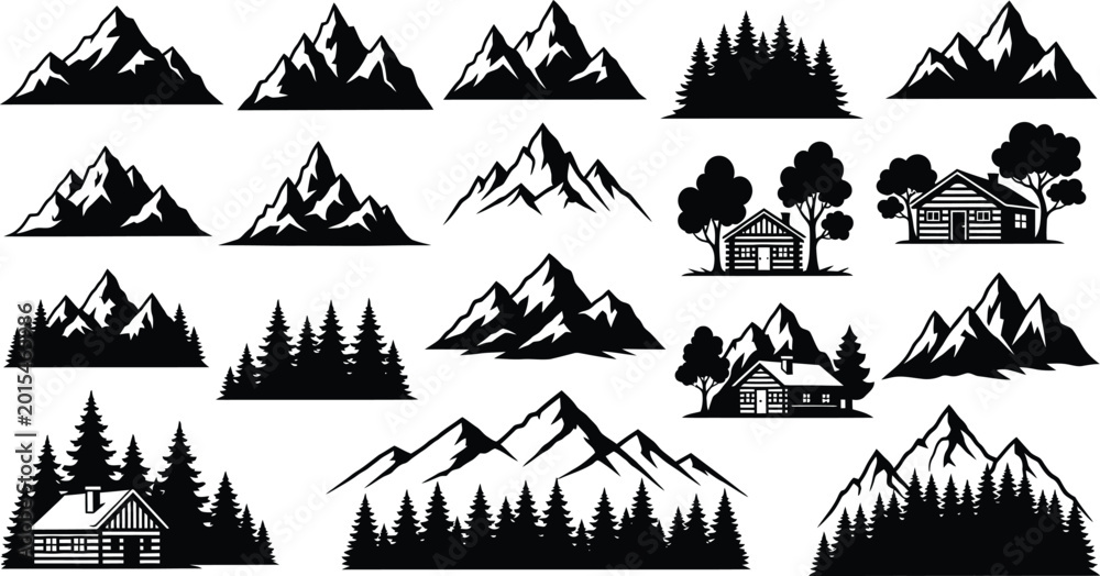Fototapeta premium Mountain silhouette collection isolated on transparent background vector landscape elements