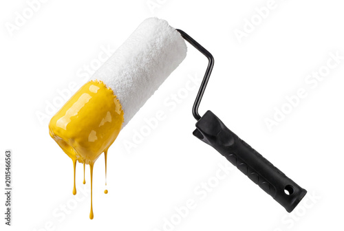 Bild auf Leinwand Paint roller with dripping yellow paint isolated on transparent background