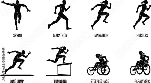 Photography Athletic track and field silhouette icon set featuring sprint marathon hurdles long jump tumbling steeplechase and paralympic athletes for sports design