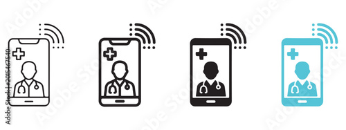 Schilderij op canvas Online medical doctor consultation on smartphone icons set