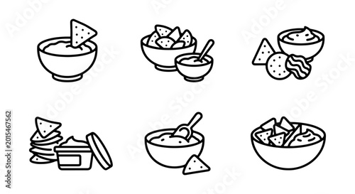 Foto Dipping Nachos, Chips & Salsa, Guacamole Icons Set: Mexican Food Vector Graphics