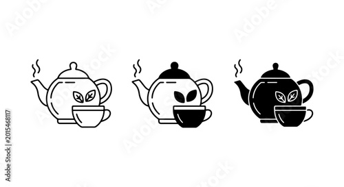 Cuadro en lienzo Tea Time Icons: Teapot, Cup, Steam, Leaves. Minimalist Drink Set