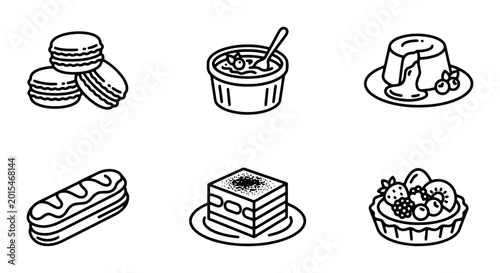 Obraz na płótnie Dessert Icons: Macarons, Eclair, Tart, Panna Cotta, Sweet Pastry Set