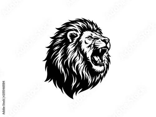 Black and white roaring lion head illustration isolated on transparent background, Vector