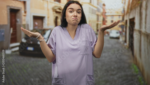 Cuadro en lienzo Young nurse woman in purple scrubs shrugs with palms up showing puzzled expression on a cobblestone street; uncertainty compassion