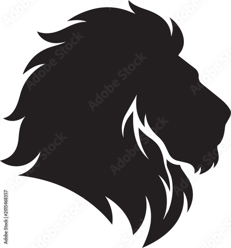 Black silhouette lion head profile view with flowing mane isolated on transparent background, Vector
