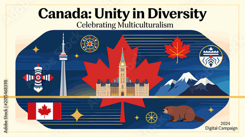 A vibrant graphic celebrating Canada's multiculturalism and unity in diversity, featuring iconic landmarks like the CN Tower, Parliament, maple leaf, mountains, and cultural symbols.