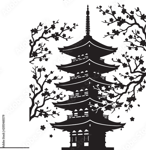 Minimalist black and white pagoda illustration with falling leaves isolated on transparent background, Vector