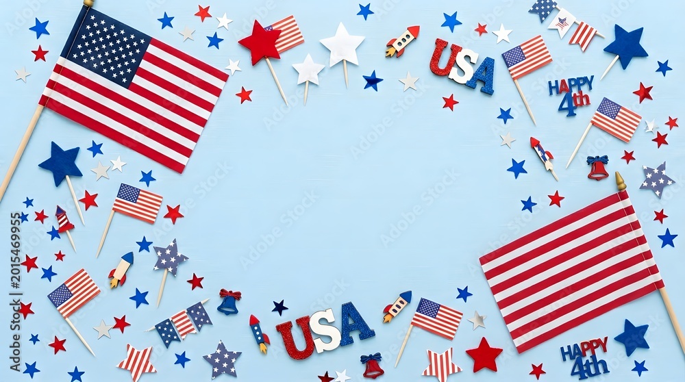 Obraz premium Festive flat lay frame with American flags, stars, and patriotic decorations on a blue background, celebrating Independence Day.