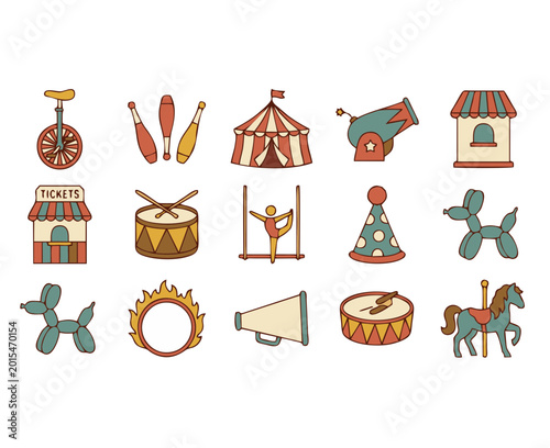Quadro su tela a collection of retro circus equipment illustrations in a vintage 1970s flat vec