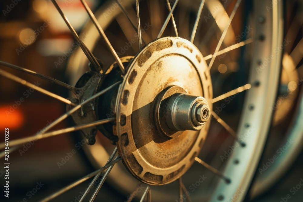 Fototapeta premium Rusty vintage bicycle wheel hub and spokes basking in warm golden light, showing travel and cycling concept