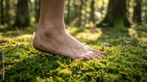 Foto Human bare foot stepping on soft green moss in a sunlit forest environment