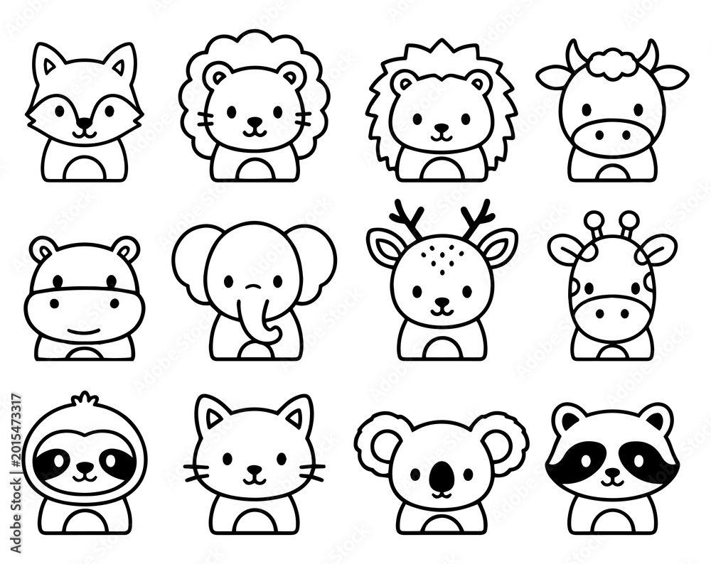 Fototapeta premium Cute Animal Faces Line Art Icons Set Kawaii Cartoon Head Collection