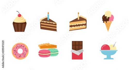 Foto Dessert Icons: Cake, Ice Cream, Donut, Cupcake, Chocolate Bar, Macarons