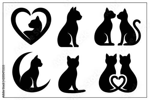 Vector illustration of black cat silhouettes in various poses and designs