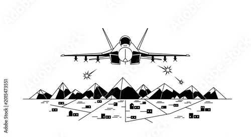 Schilderij op canvas Aerial Assault: A stark black and white illustration of a fighter jet engaged in an aerial attack, soaring above a mountain range