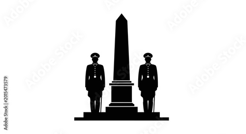 Fotografie Monumental Vigil: A stoic obelisk, flanked by two figures, stands as a solemn tribute, symbolizing strength, remembrance, and the passage of time