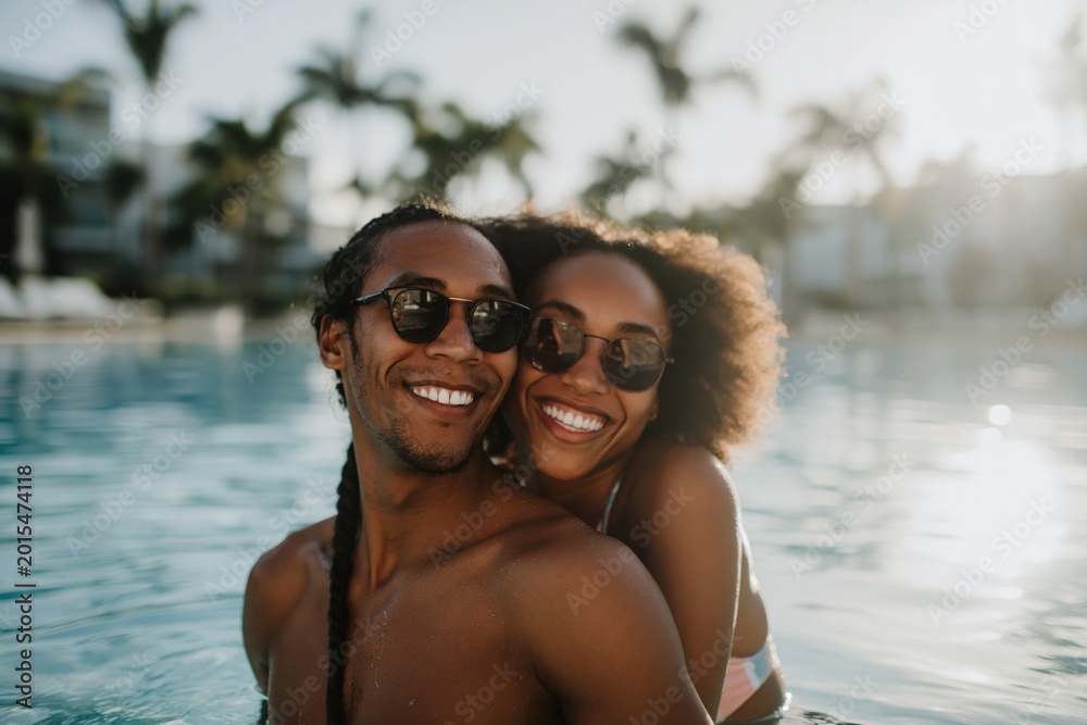 Obraz premium Young couple laughing together in outdoor resort pool