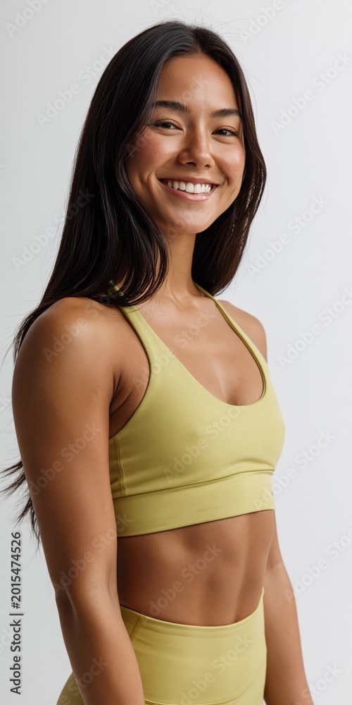 Fototapeta premium Young woman smiling in athletic pose against studio backdrop