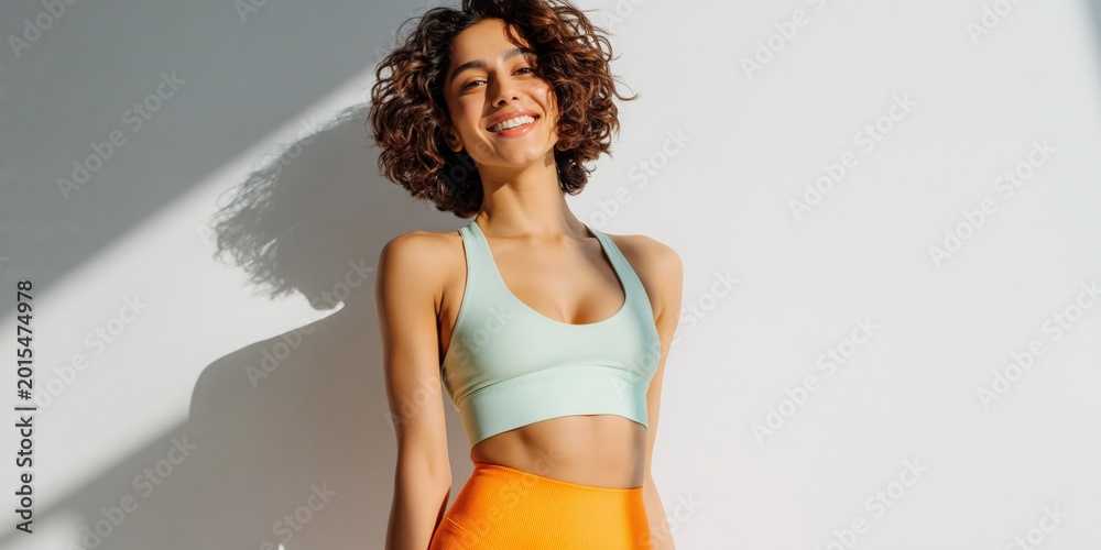 Fototapeta premium Young woman smiling and posing against white studio wall