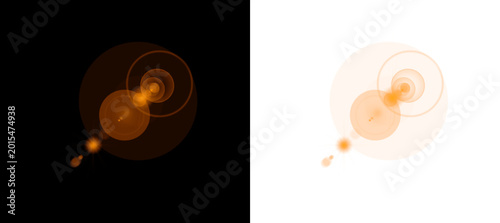Foto Warm orange lens flare with radiating circles and granular light bursts, evoking warmth or a sunset on black and transparent backgrounds