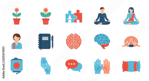 Mindfulness Icons: Brain, Meditation, Puzzles, Flowers, Support