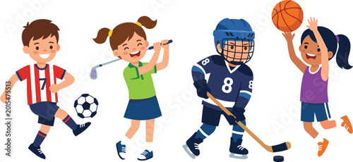 Photography Diverse children sports activity set with kids playing soccer golf ice hockey an