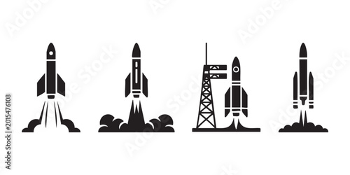 Bild auf Leinwand Spaceship launch sequence icons featuring tower platform boosters and smoke vector illustration set