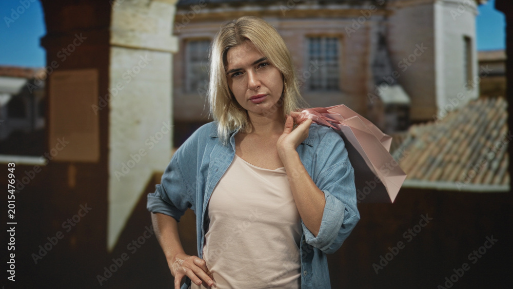 Fototapeta premium Woman holding pink shopping bag on shoulder with hand on hip in studio set with a projected building backdrop; pensive reflection.