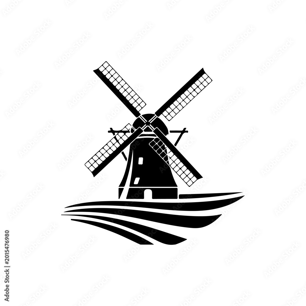 Obraz premium A black and white vector illustration of a traditional windmill standing on a tilled field. A classic rural landscape emblem representing agriculture and heritage.