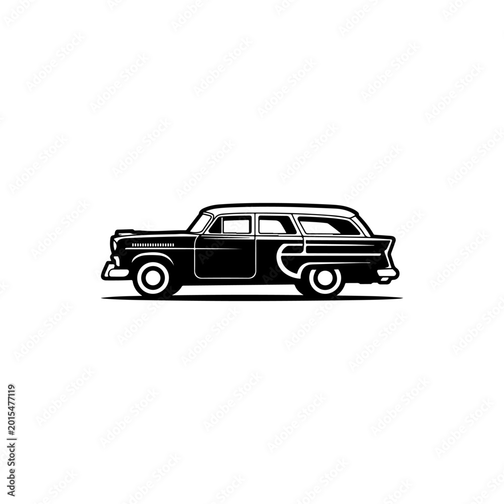 Fototapeta premium A black and white vector silhouette of a classic vintage station wagon. A clean, minimalist side-profile design capturing the retro aesthetic of 1950s family cars.