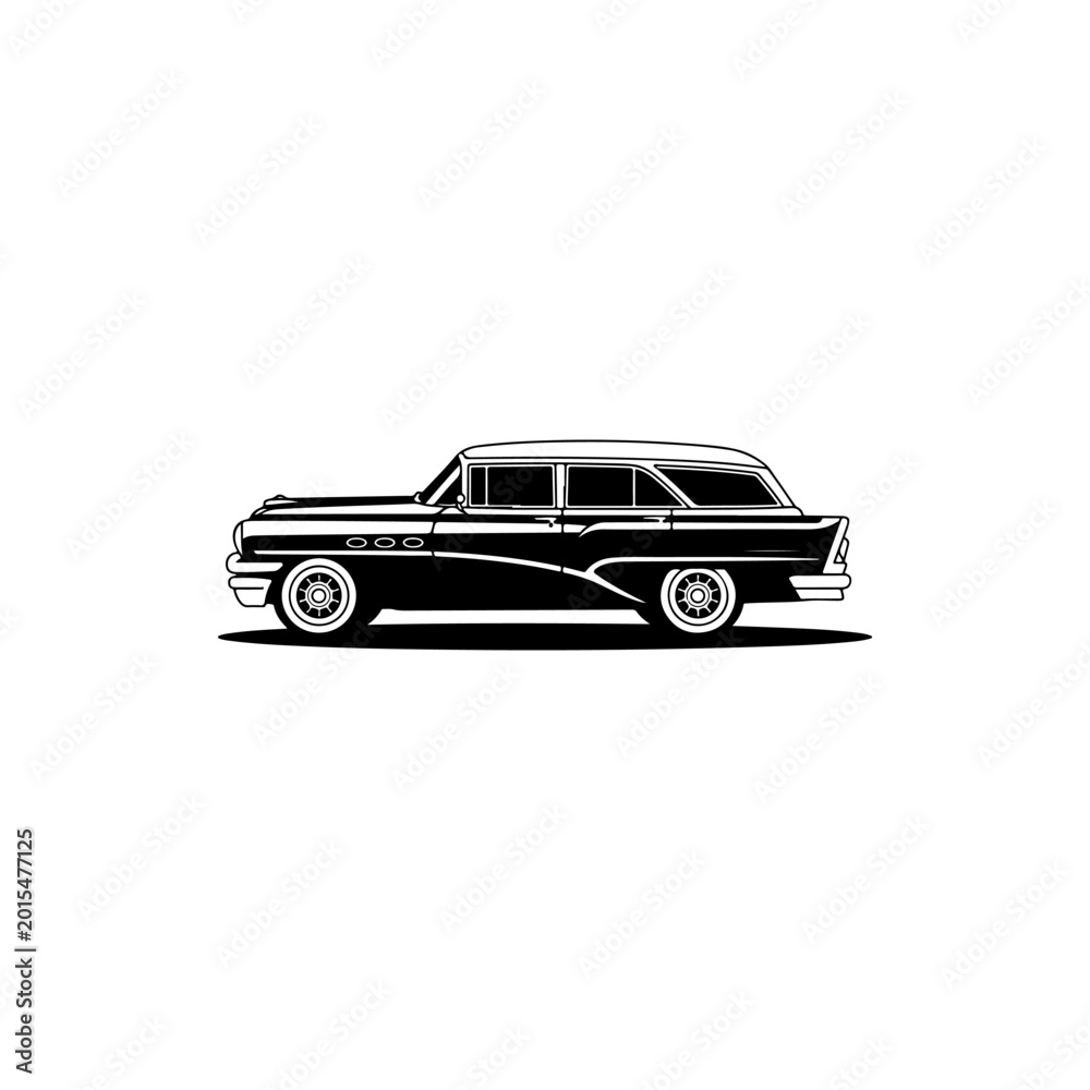 Naklejka premium A black and white vector silhouette of a classic vintage station wagon. A clean, minimalist side-profile design capturing the retro aesthetic of 1950s family cars.